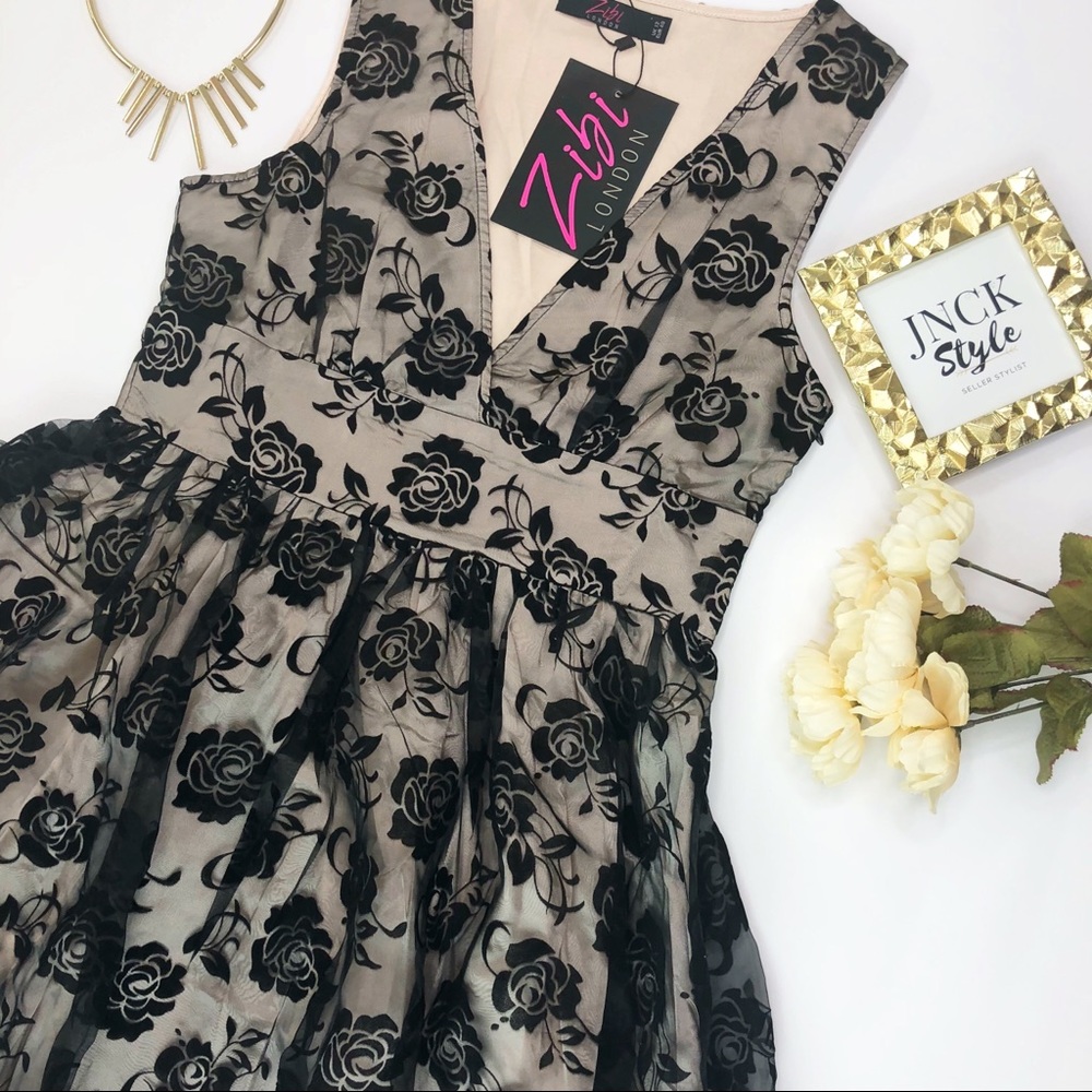 ASOS Zibi London Black Rose Print Organza Dress